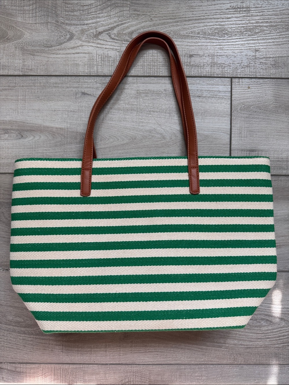 Green striped Tote Purse Zippered Cotton Brown Double Handle Vacation canvas